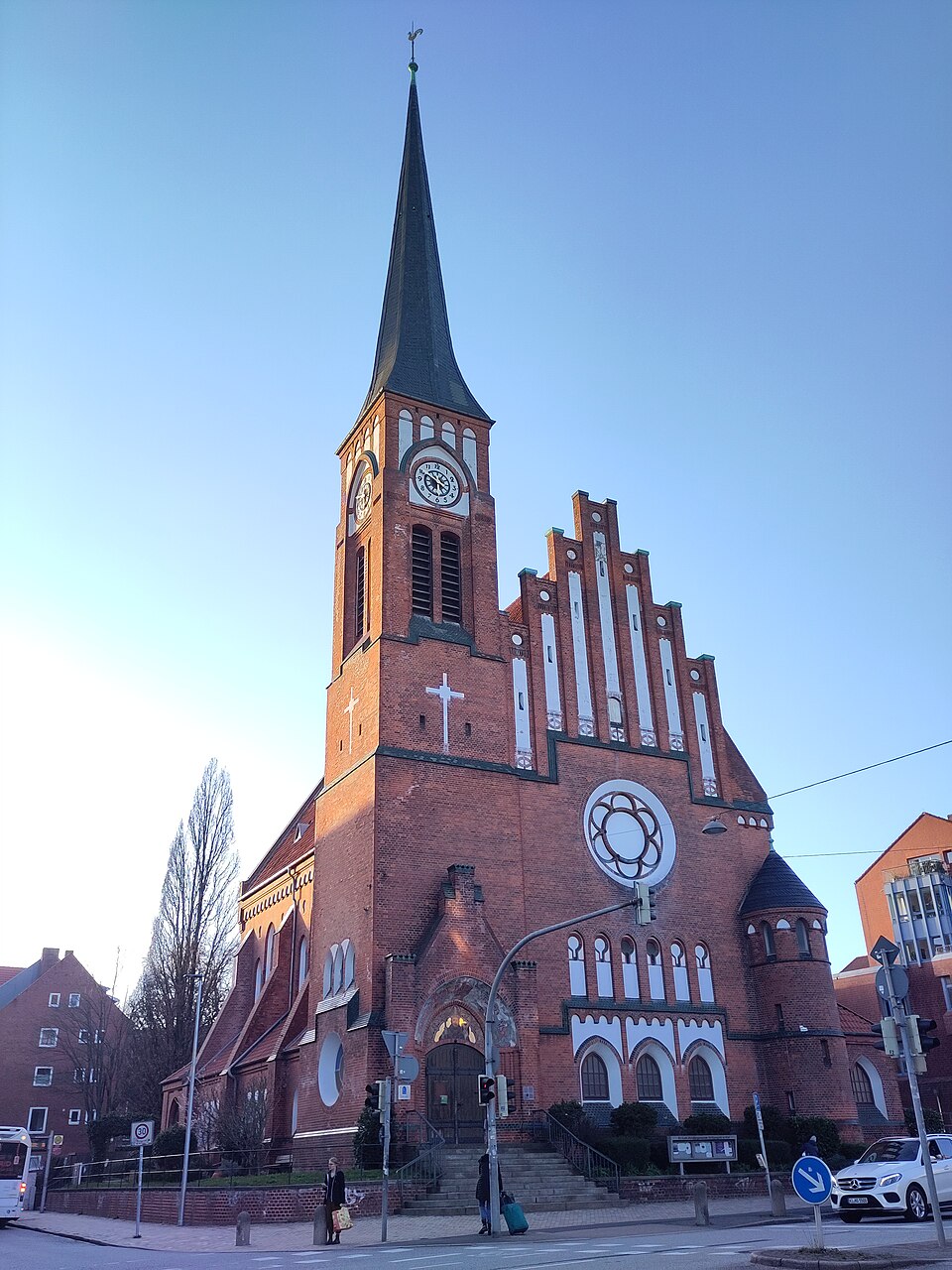 Brick facade and bell tower of Ansgarkirche in Kiel