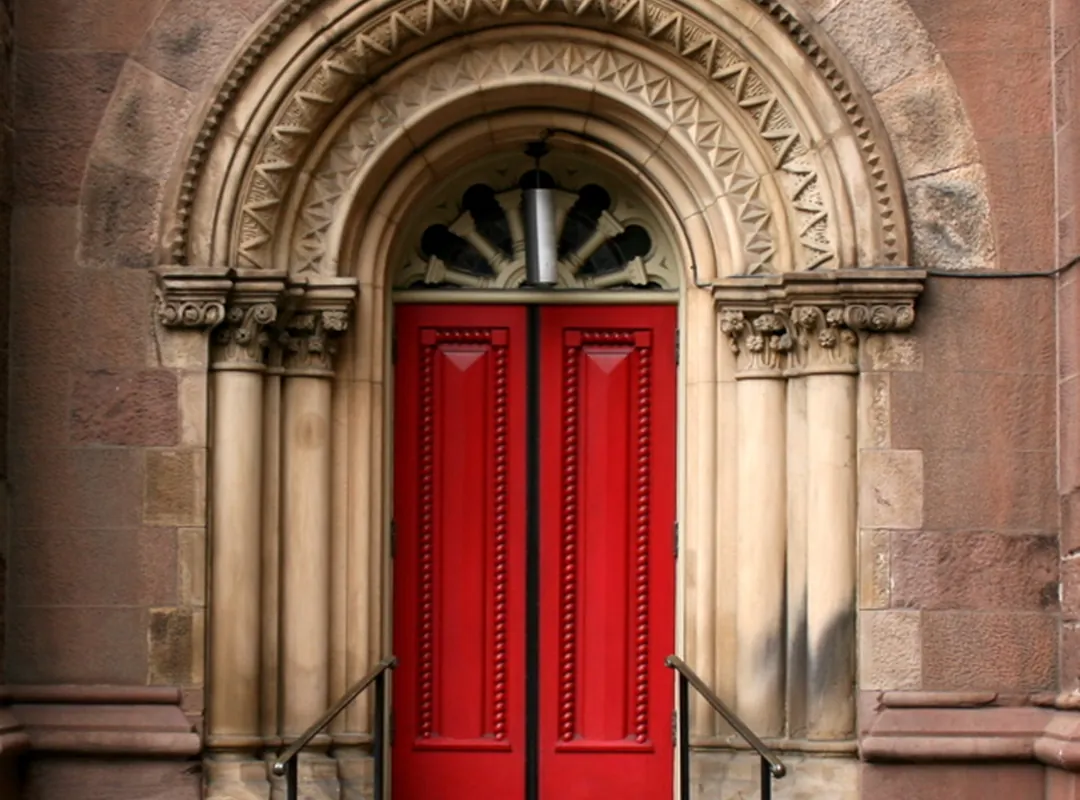The red door of the Church of the Holy Trinity on Rittenhouse Square, Philadelphia