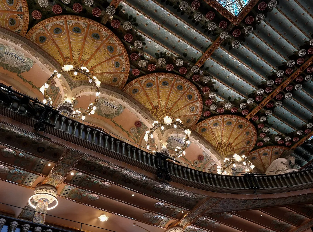Balconies and ceramic ceiling of the Palau de la Música Catalana concert hall, Barcelona