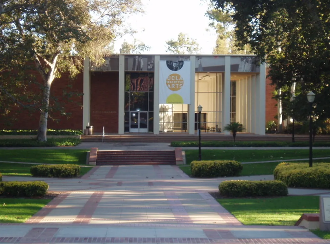 UCLA's Schoenberg Music Building seen from the Sunken Gardens