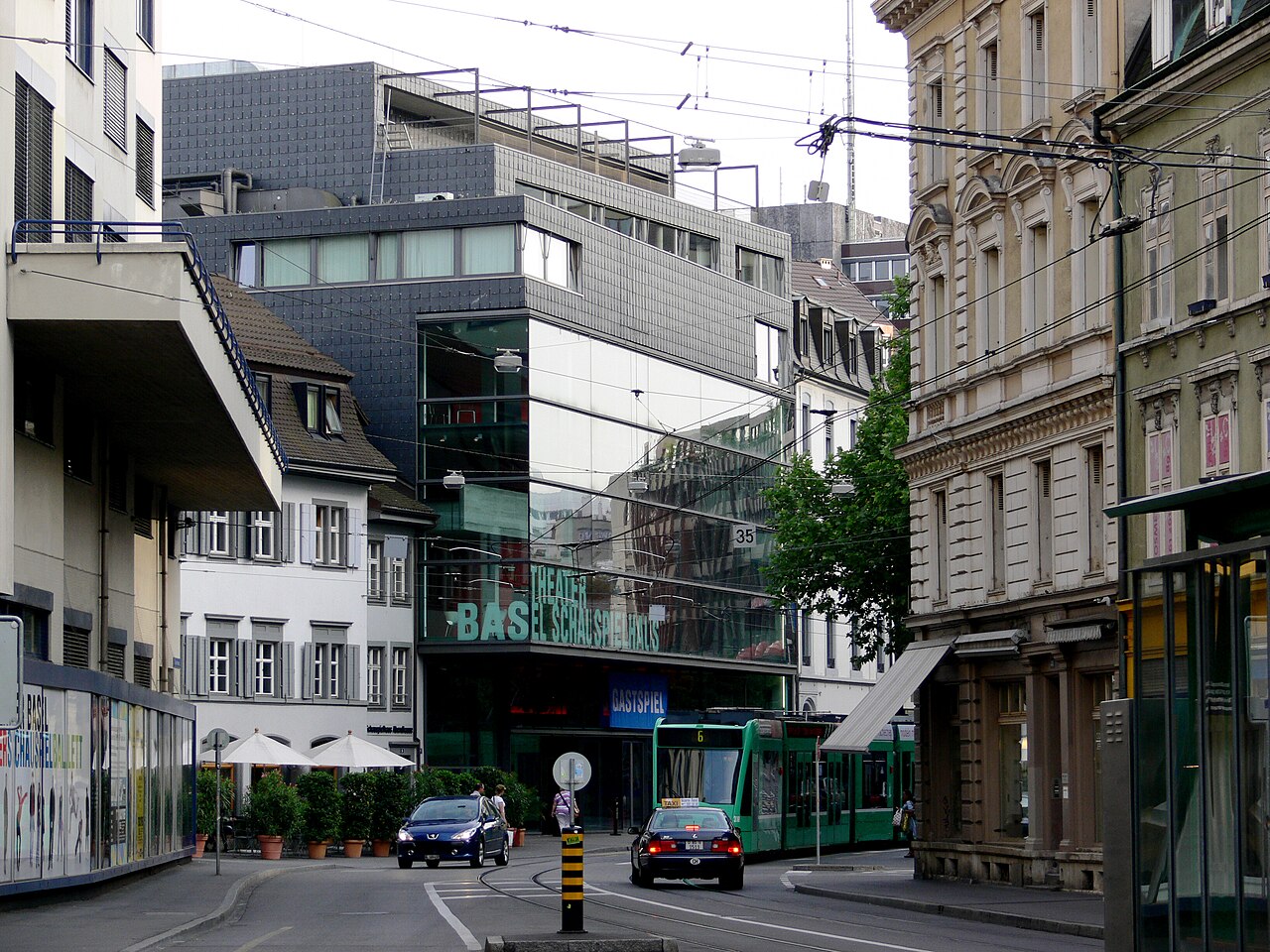 Glass facade and signed entrance of Theater Basel Schauspielhaus on Steinentorstrasse, photographed in May 2009