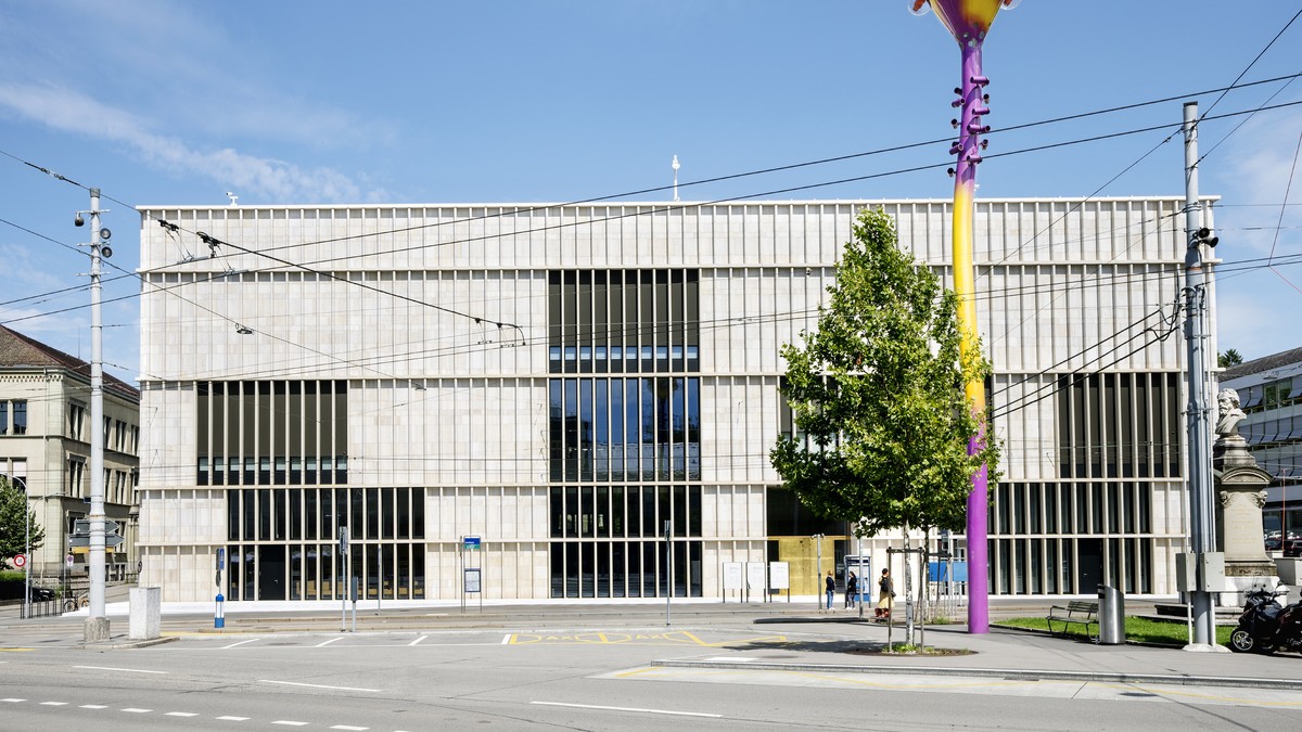 Chipperfield museum extension facade and public entrance across tram lines.
